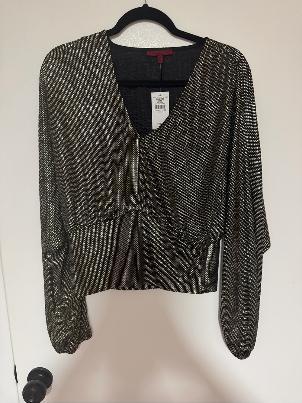 Metallic Gold V-Neck Draped Blouson Top